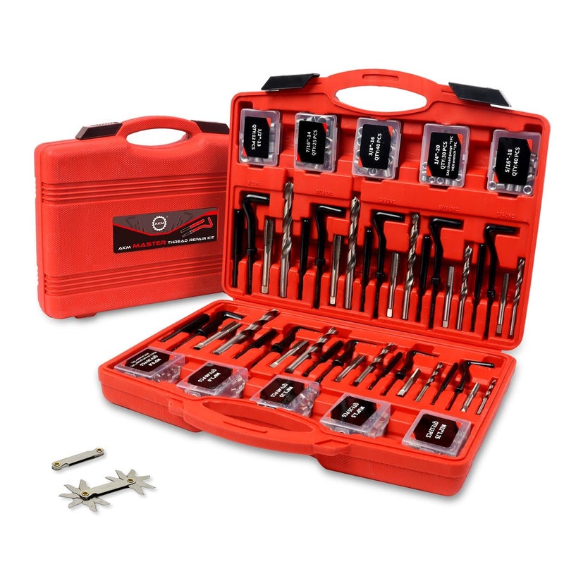 AKM 338Pc Thread Repair Kit, HSS Drill Helicoil Repair Kit SAE&Metricï¼Œ1/4" 5/16" 3/8" 7/16" 1/2" M5 M6 M8 M10 M12 Kit with Thread Gauge - Image 1